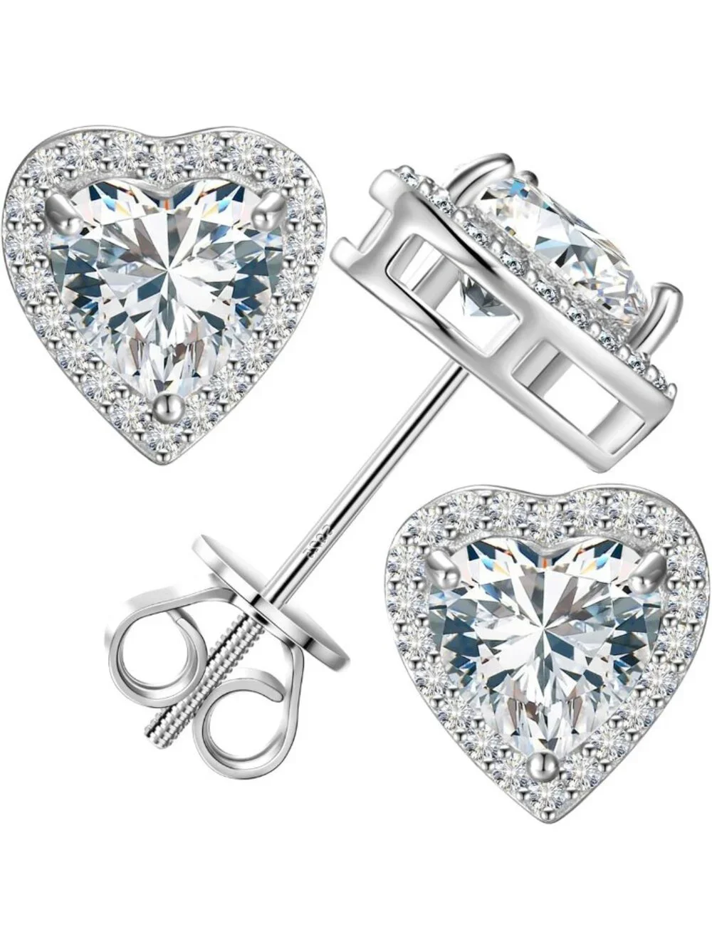 Elegant Moissanite Heart Stud Earrings, 18K White Gold Plated, Screw Back